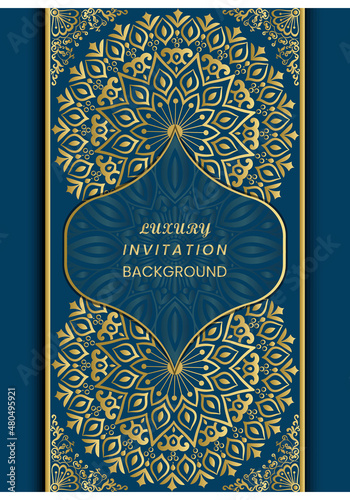 Gold vintage greeting card on a blue background. Decorative ancient Mandala background. Design for invitation wedding card, invite, backdrop cover, flyer, menu, brochure, postcard, background.