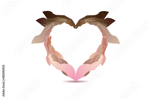 Hands diversity people making a love heart shape woman hands unity charity symbol teamwork logo vector image design template