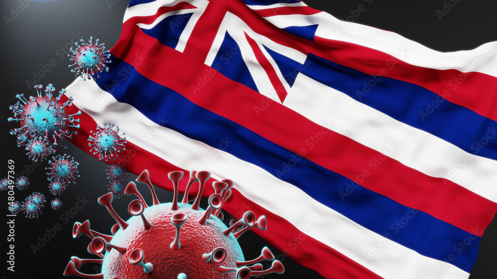 Hawaii and covid pandemic virus attacking a state flag of Hawaii as a