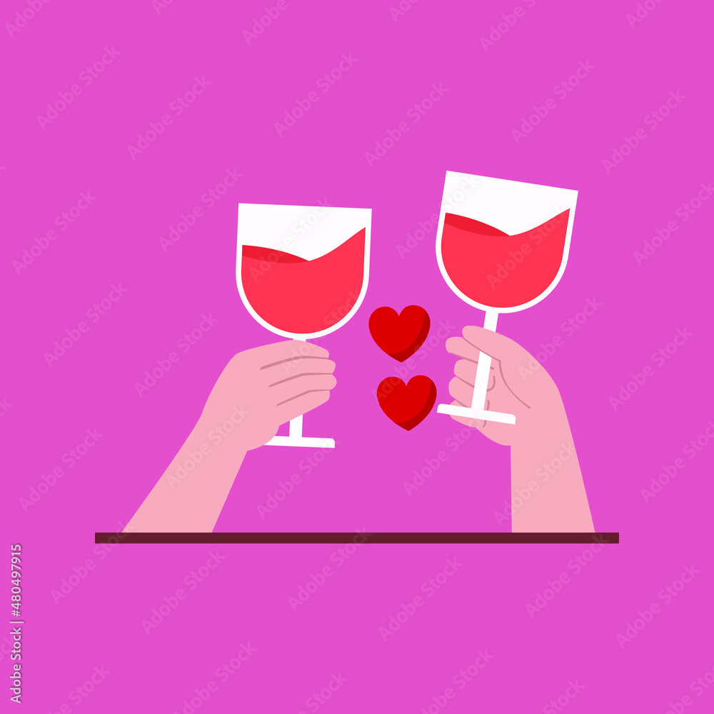 A couple toasting a red glasses. Romantic in February. Celebration fun flat vector illustration. A couple toasting a red glasses. Romantic in February. Celebration fun flat vector illustration.