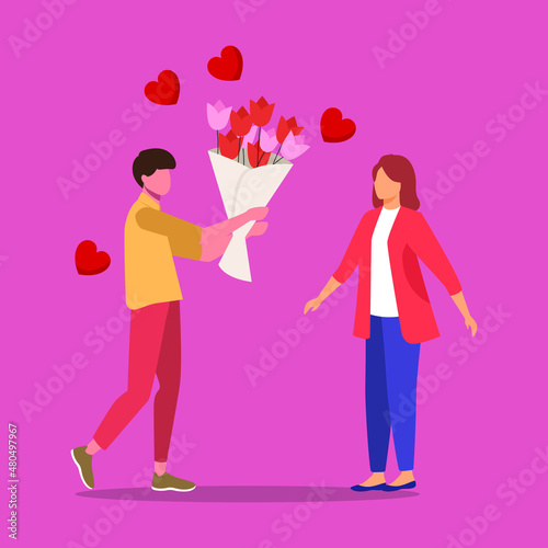 The Man character gives gift bouquet flowers and many loves to his wife character . Love in February. Vector flat cartoon illustration. photo