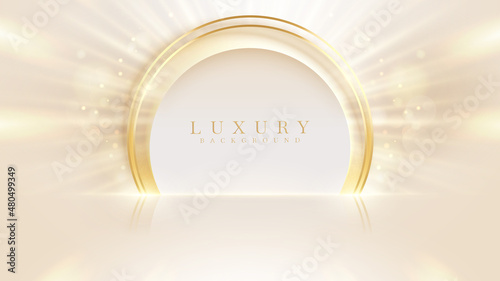 Stage for product show and circle frame with golden curve line decoration and glitter light effects and bokeh. Luxury style background.