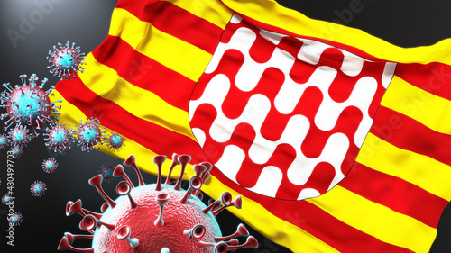 Girona and covid pandemic - virus attacking a city flag of Girona as a symbol of a fight and struggle with the virus pandemic in this city, 3d illustration