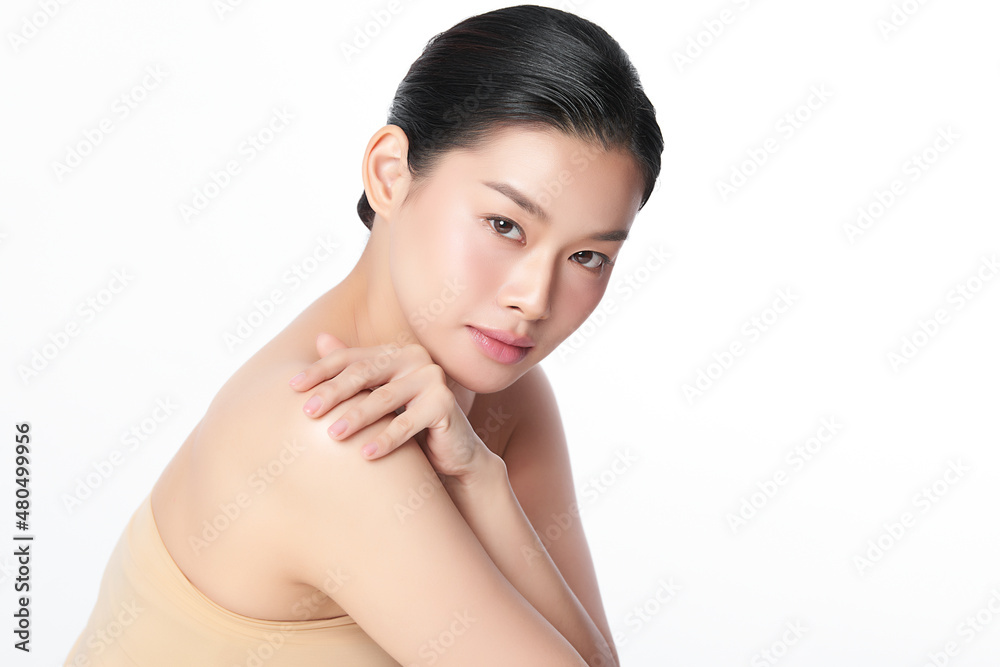 Beautiful young asian woman with clean fresh skin on white background, Face care, Facial treatment, Cosmetology, beauty and spa, Asian women portrait.
