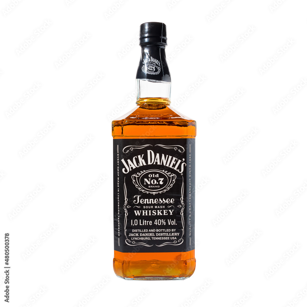 Liter bottle of Jack Daniels Old No.7 whiskey isolated on white