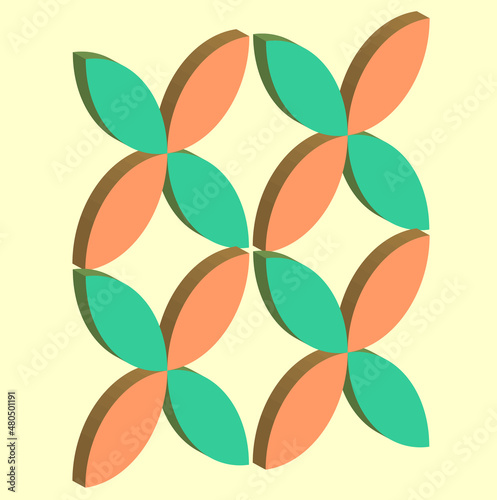 3D icon vector flower pattern with four turquoise and orange flower petals, as a wall decoration, background or backdrop