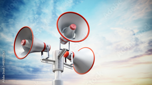 Megaphones in the pole. Public announcement concept. 3D illustration photo