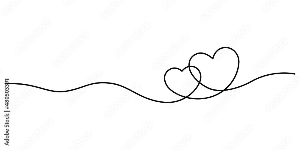 Continuous line drawing of love sign with two hearts embrace with isolated on white background. Continuous line drawing of love sign with two hearts embrace with isolated on white background.