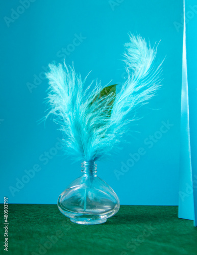 Blue feather in a glass witg green leaf photo