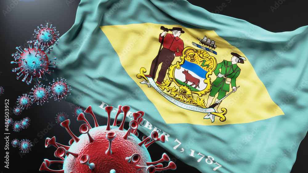 Delaware and covid pandemic - virus attacking a state flag of Delaware as a symbol of a fight and struggle with the virus pandemic in this state, 3d illustration