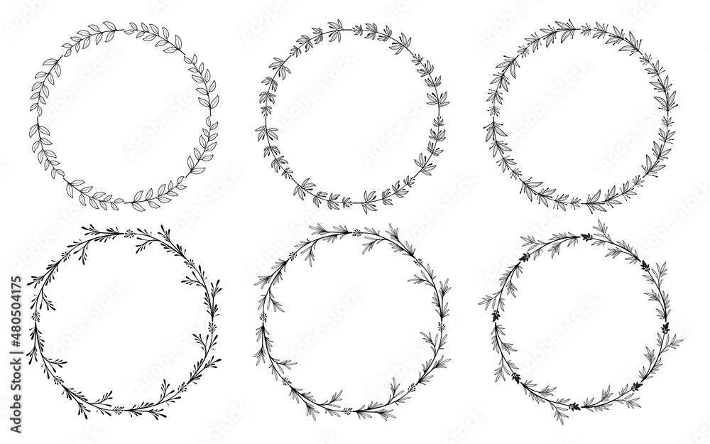 Set of hand drawn doodle round floral wreaths frames. Flower line and leaf circle frames design elements for wedding, mothers day, birthday, invitations.