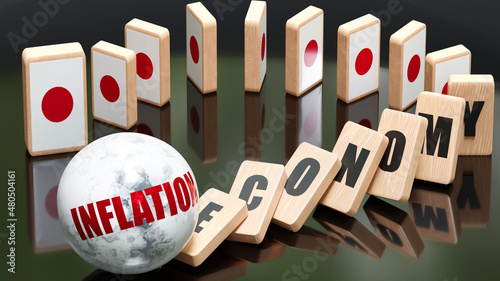 Japan and inflation, economy and domino effect - chain reaction in Japan economy set off by inflation causing an inevitable crash and collapse - falling economy blocks and Japan flag, 3d illustration