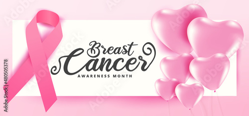 Breast cancer october awareness month heart pink balloons banner background,vector illustration