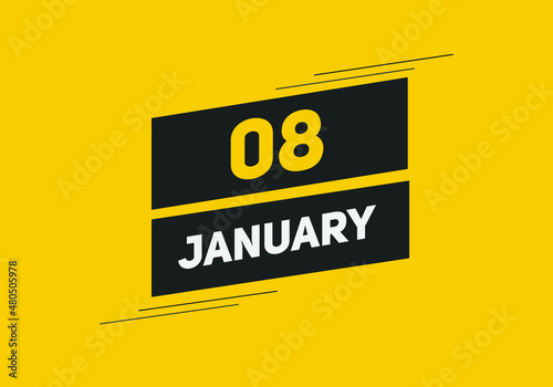 January 08 text calendar reminder. 8thJanuary daily calendar icon template