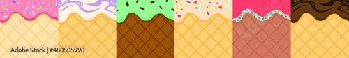 melted Ice creame vanila, strawberry, blueberry cheese cake, rasberry, dark chocolate and chocolate mint seamless pattern for hotizontal banners or packaging or etc.