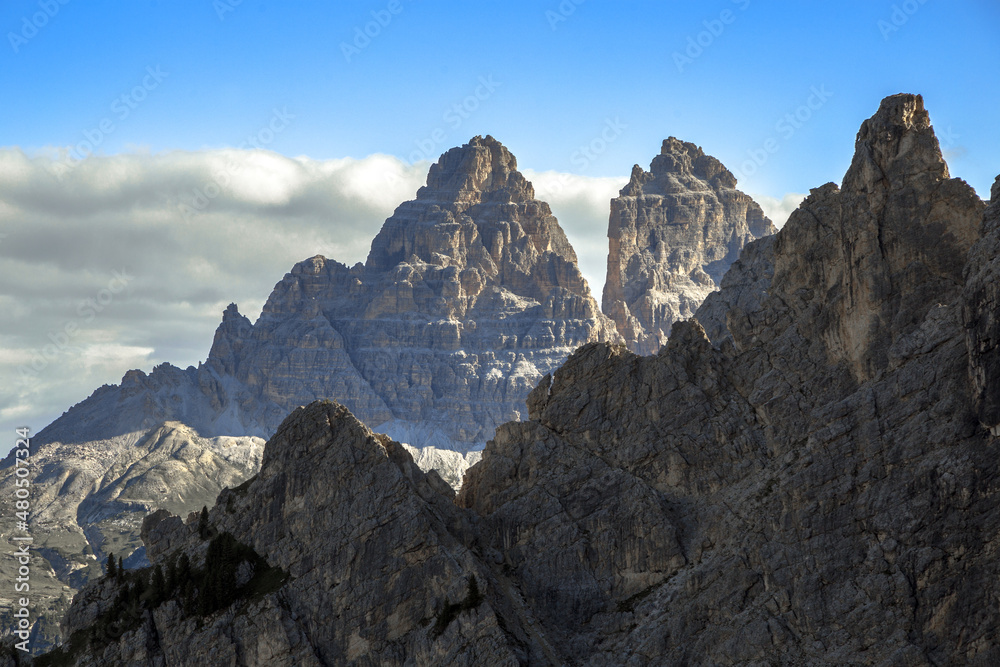 Tre Cime di Lavaredo Dolomite from Cadini di Misurina, Italy, Trentino