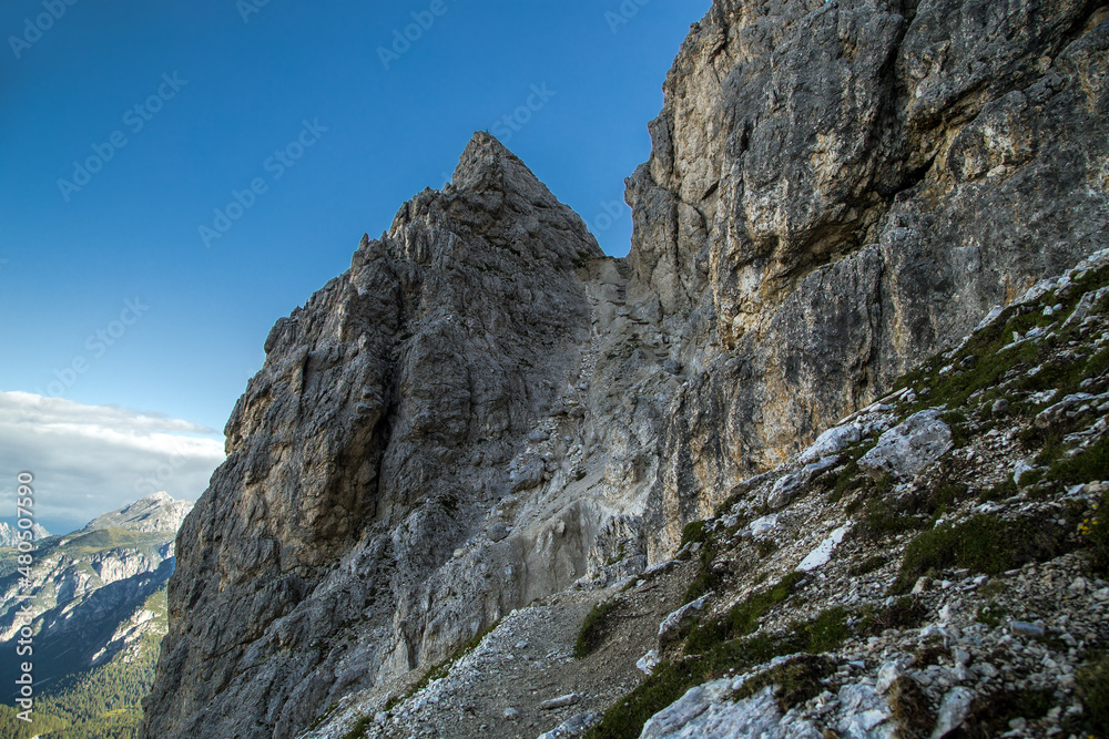 Cadini di Misurina and alpine mountain path Bonacossa, Italy, Trentino