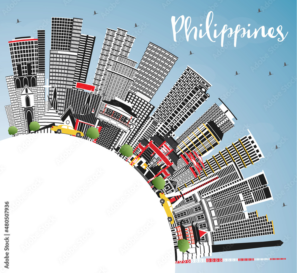 Philippines City Skyline with Gray Buildings, Blue Sky and Copy Space.