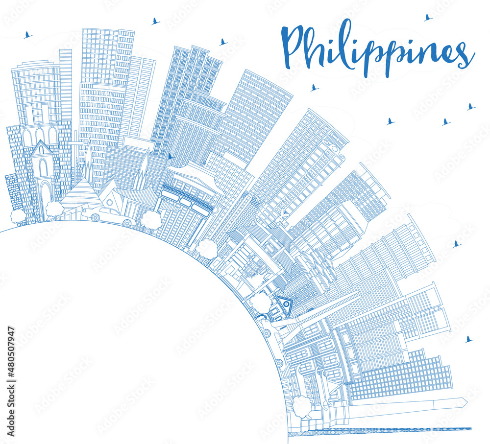 Outline Philippines City Skyline with Blue Buildings and Copy Space.