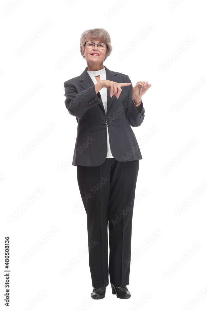Happy mature woman with key on white background Happy mature woman with key on white background
