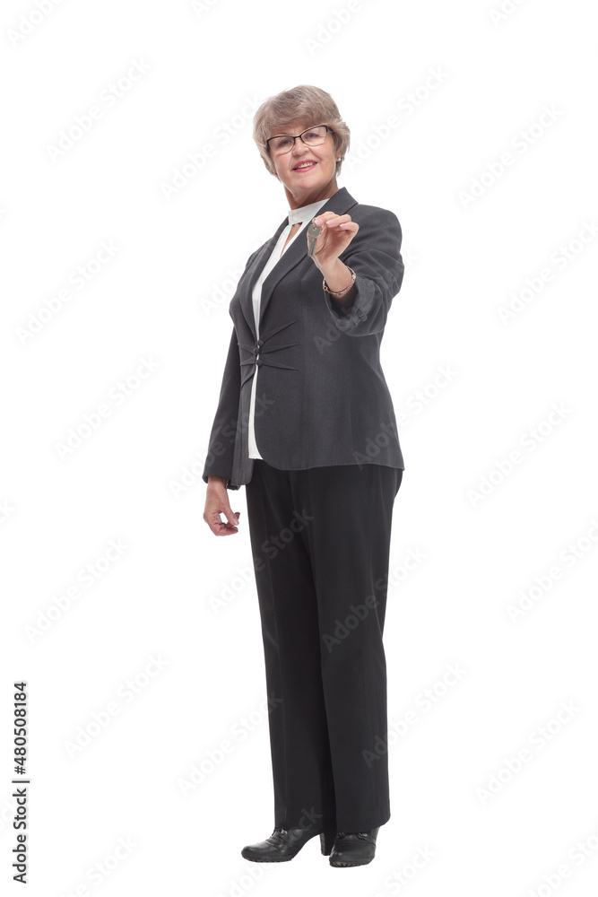 Happy mature woman with key on white background Happy mature woman with key on white background