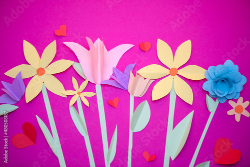 Paper art  bright summer holiday handmade flowers  craft on a pink background.. Colorful postcard for Mother s Day  Easter