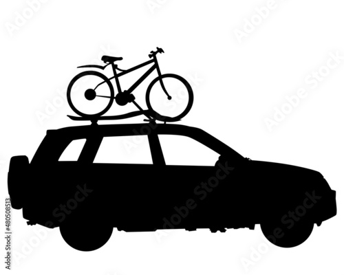 Off-road car with a bike on the roof. Isolated silhouette on white background