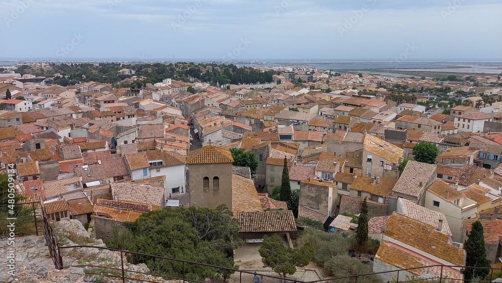 Gruissan panoramic aerial view of the city in south France, Occitanie
