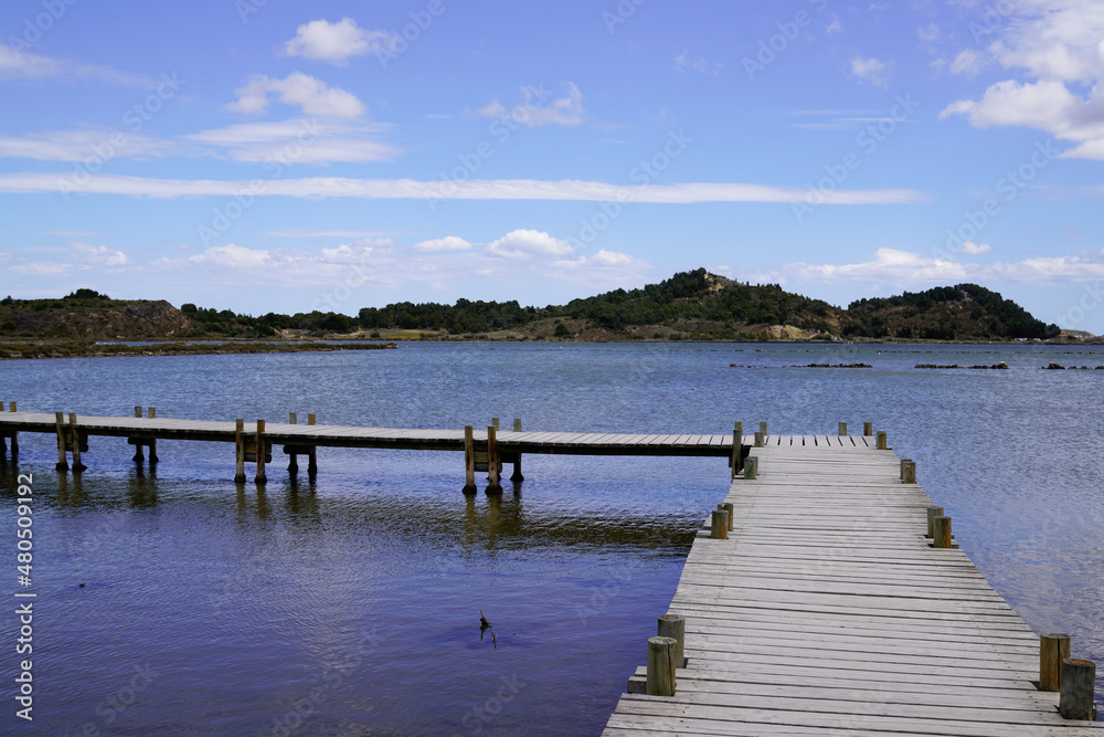 wooden lake ponton on lake bages in Peyriac-de-Mer village France