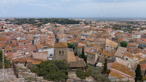 Gruissan panoramic aerial view of the city in south France, Occitanie