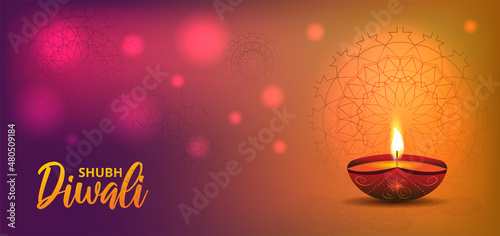 Website header or banner design with realistic oil lamp on purple background for Diwali Festival celebration.