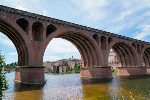 Albi ancient historical old red brick stone bridge over Tarn river in France