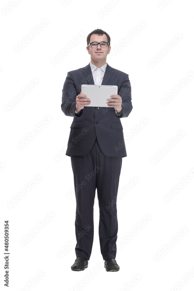 Full lenth portrait of cool businessman using electronic tablet and looking at camera Full lenth portrait of cool businessman using electronic tablet and looking at camera
