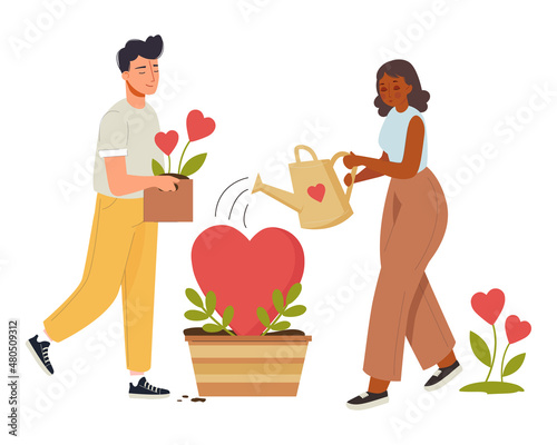 Human Relations, Loving Couple watering love plant or grow love romantic concept. Happy Valentine's Day with young couple in love vector illustration.14 February romantic holiday Valentine Day poster