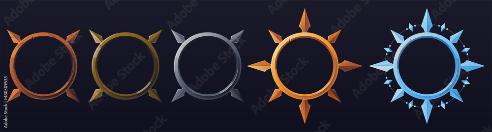 Set of five elements with round frames for game design. Character rank. Templates for mobile, client and browser applications. Volumetric vector colorful objects for stylization. - obrazy, fototapety, plakaty 