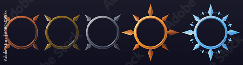 Set of five elements with round frames for game design. Character rank. Templates for mobile, client and browser applications. Volumetric vector colorful objects for stylization.