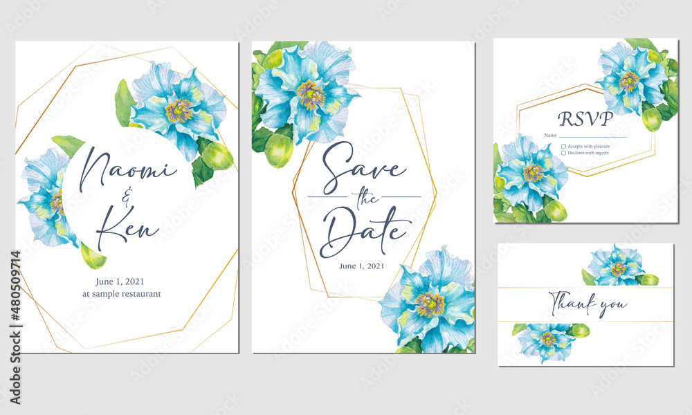 Set of wedding invitation template with hand painted watercolor blue poppy flowers, for invitation card, save the date, thank you, rsvp
