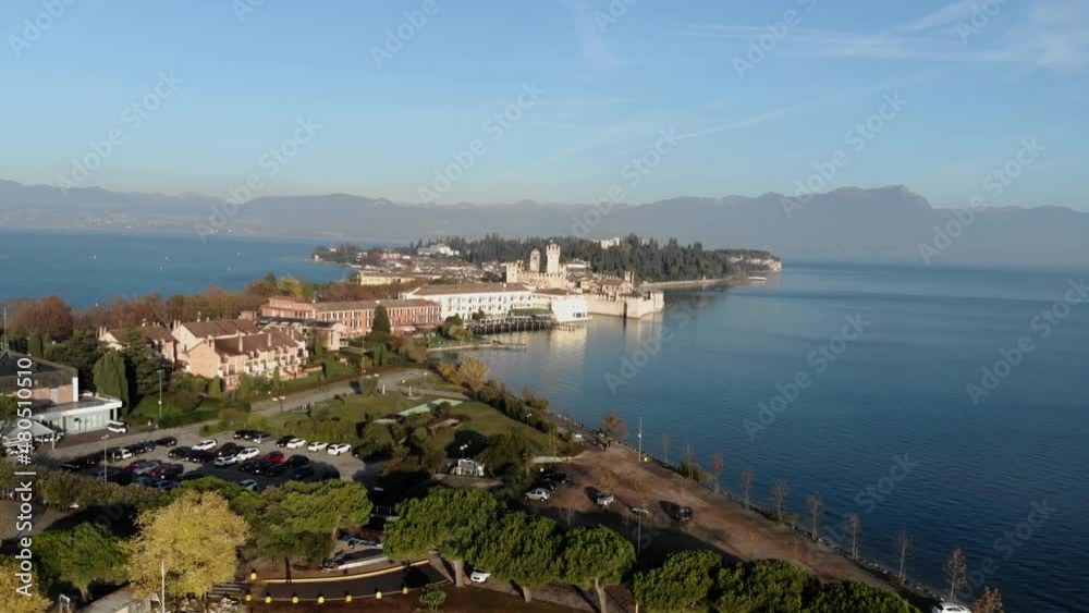 Aerial view The Scaliger Castle in Sirmione Lake Garda Italy Aerial view The Scaliger Castle in Sirmione Lake Garda Italy