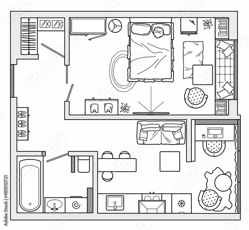 Architectural plan of studio apartment with kitchen and bedroom. Small house top view. Floor plan with furniture placement. The interior design project. Vector.