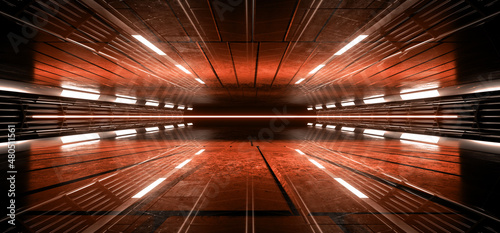 Neon Laser Fluorescent Orange Glowing Sci Fi Futuristic Warehouse Hangar Spaceship Realistic Showroom Steel Metal Frame Corridor Tunnel Dark Underground Basement 3D Rendering