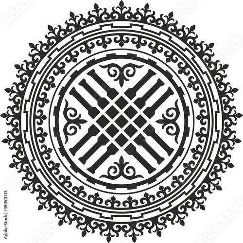 Vector monochrome Kazakh national ornament shanyrak. Yurt decoration. Ethnic pattern of nomadic peoples of the great steppe, Kirghiz, Kalmyks, Buryats, Mongols.
