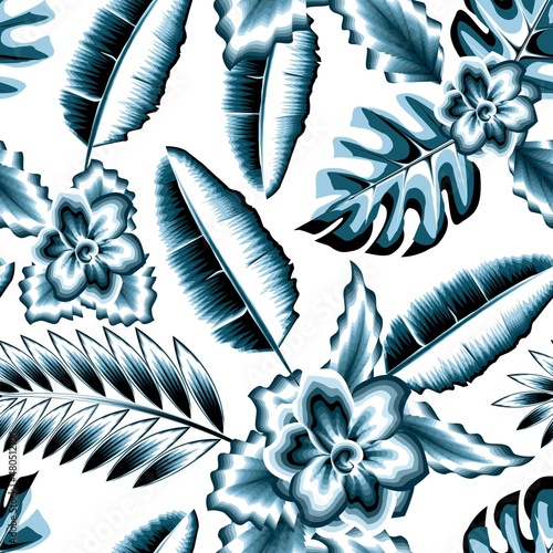 Exotic tropical banana, fern leaves, jasmine flowers seamless pattern on the white background. Jungle vector floral wallpaper. fashionable print texture. Exotic tropic. Summer design. nature wallpaper