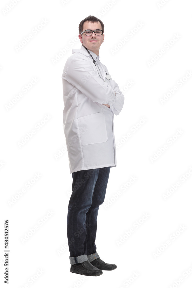 Young doctor man wearing white coat and stethoscope with smile on face Young doctor man wearing white coat and stethoscope with smile on face