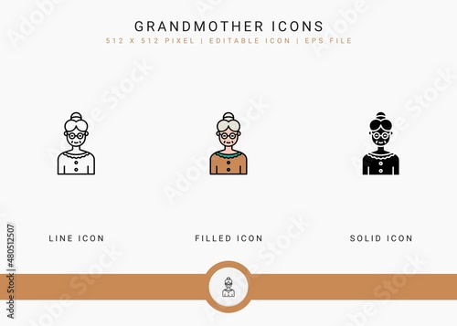 Grandmother icons set vector illustration with solid icon line style. Grandma face symbol. Editable stroke icon on isolated background for web design, user interface, and mobile app