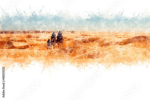 Fototapeta Naklejka Na Ścianę i Meble -  Watercolor drawing. View of tourists who ride camels in the Sahara desert during strong winds