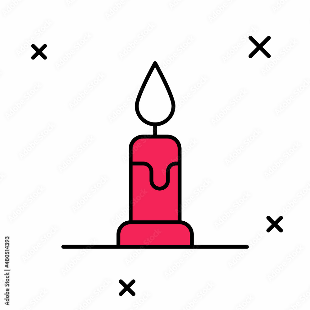 Filled outline Burning candle in candlestick icon isolated on white background. Cylindrical candle stick with burning flame. Vector