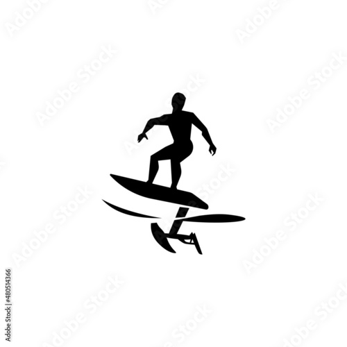 Silhouette of a man riding a hydrofoil. Black vector icon, logo isolated on white background.