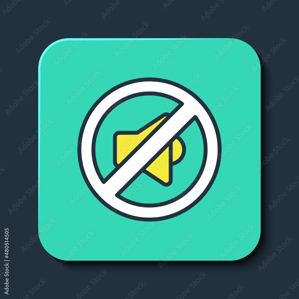 Filled outline Speaker mute icon isolated on blue background. No sound icon. Volume Off symbol. Turquoise square button. Vector Filled outline Speaker mute icon isolated on blue background. No sound icon. Volume Off symbol. Turquoise square button. Vector