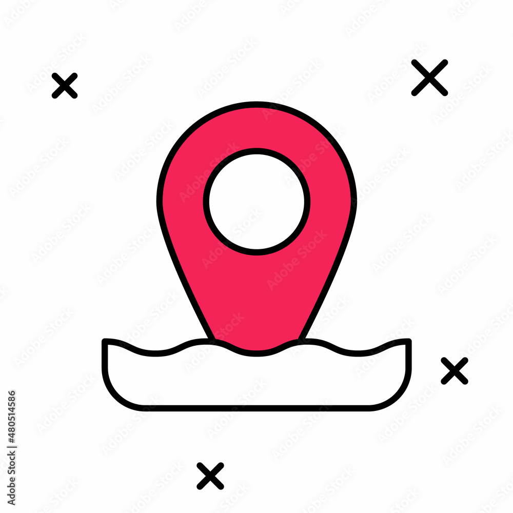 Filled outline Location fishing icon isolated on white background. Fishing place. Vector Filled outline Location fishing icon isolated on white background. Fishing place. Vector