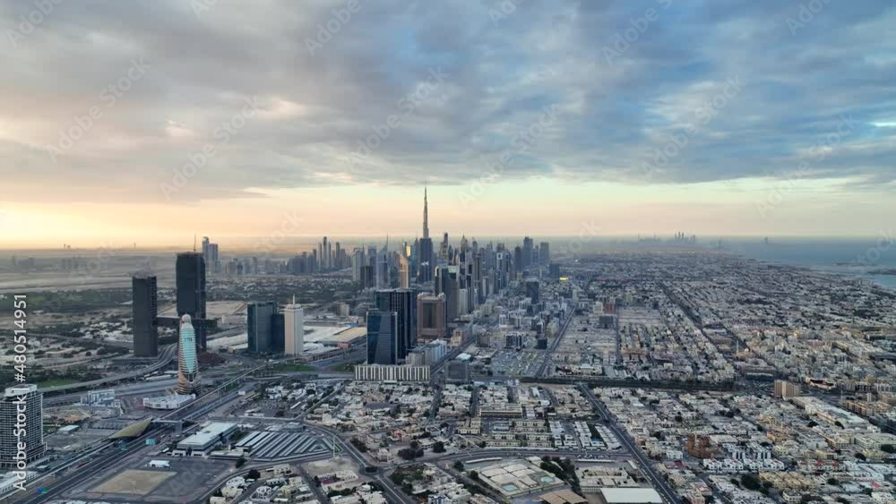 Aerial panoramic city view of Dubai futuristic skyline at sunrise Aerial panoramic city view of Dubai futuristic skyline at sunrise